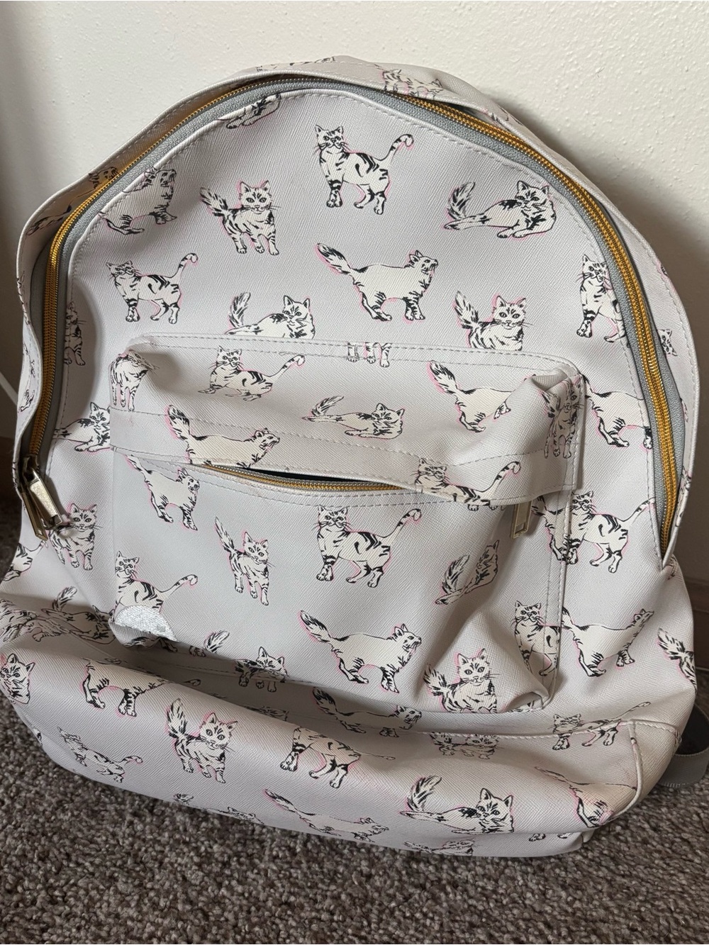 White Cat-Print Backpack - Casual Everyday Bag